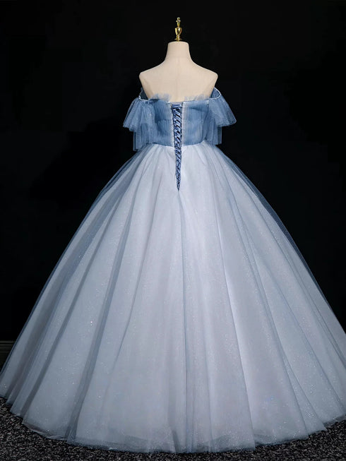Blue A-Line Tulle Off Shoulder Beaded Sweetheart Party Dress,  Long Blue Prom Dress